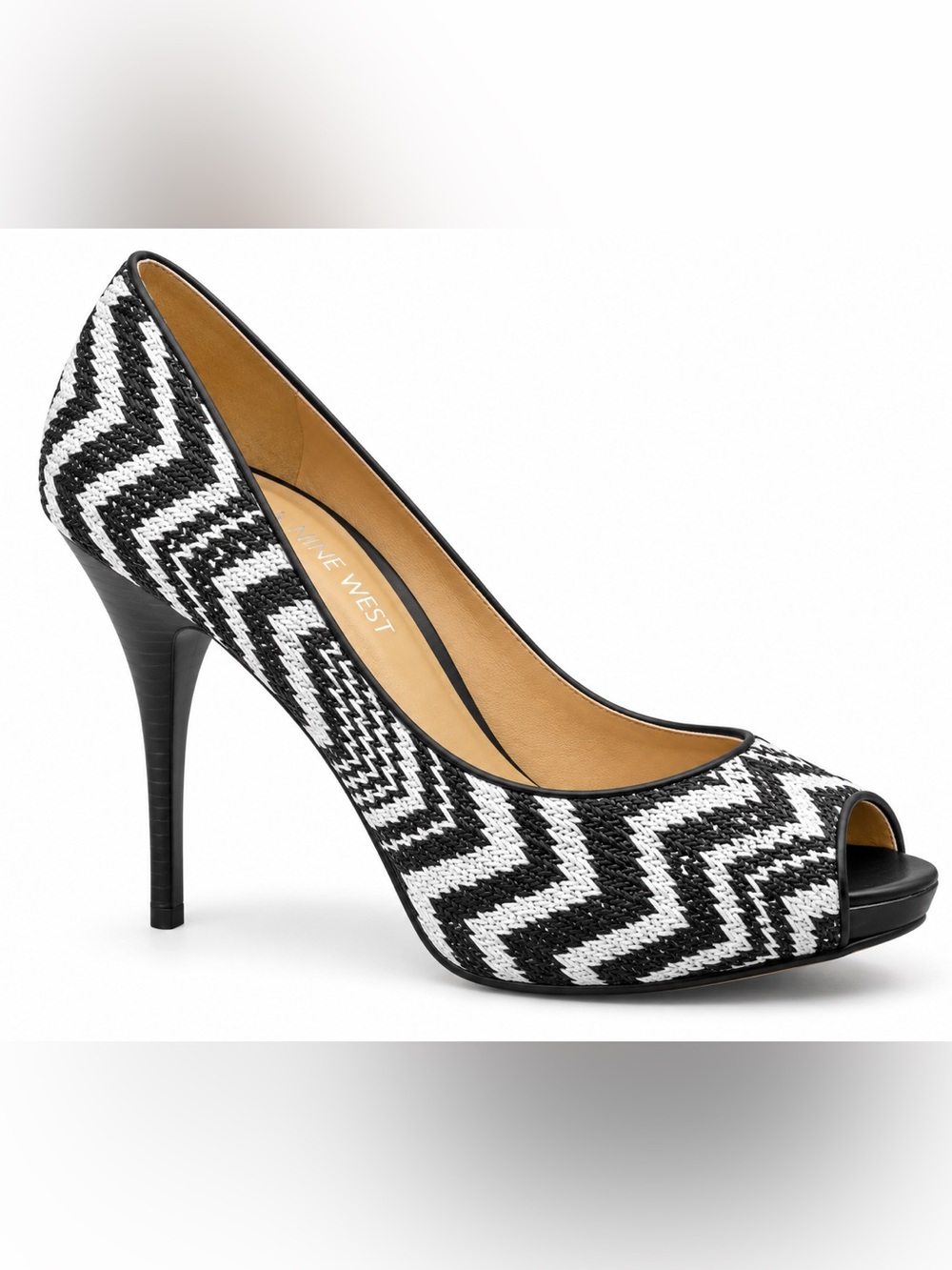 Nine West 10M Black White Chevron Peep Toe Platform Stiletto Pumps